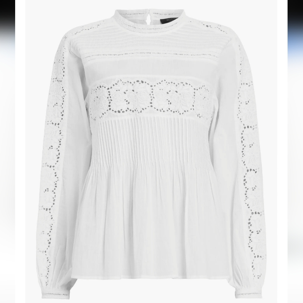 All Saints Elaia Bright White Eyelet Embroidered Semi Sheer Pleated Cotton Top 0 - Picture 4 of 9